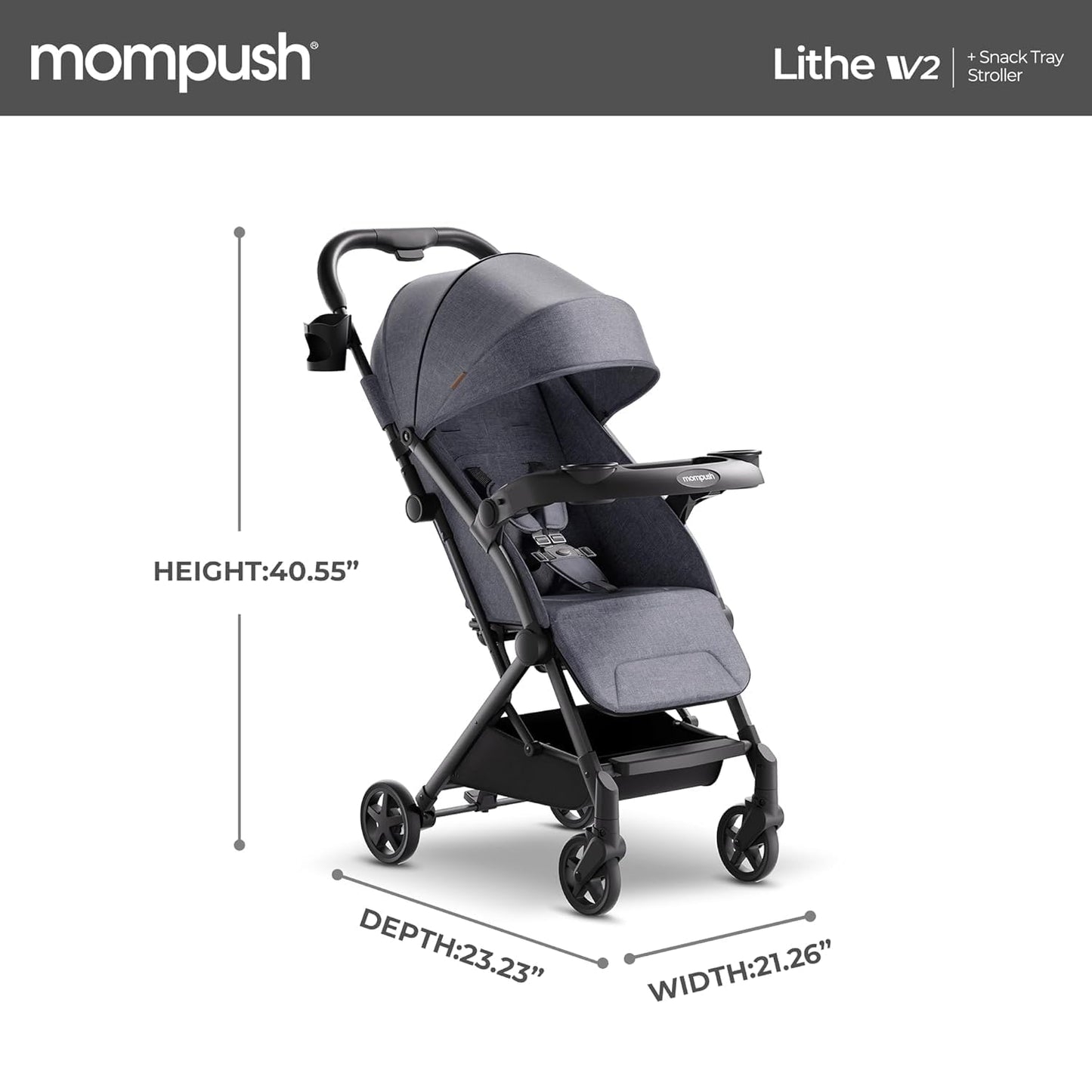 Mompush Lithe V2 Lightweight Travel Stroller, Compact Foldable Baby Stroller with Travel Bag, One-Hand Fold Stroller, Snack Tray, Mechanical Recline Seat, Airplane-Ready, UPF 50+ Canopy & Rain Cover