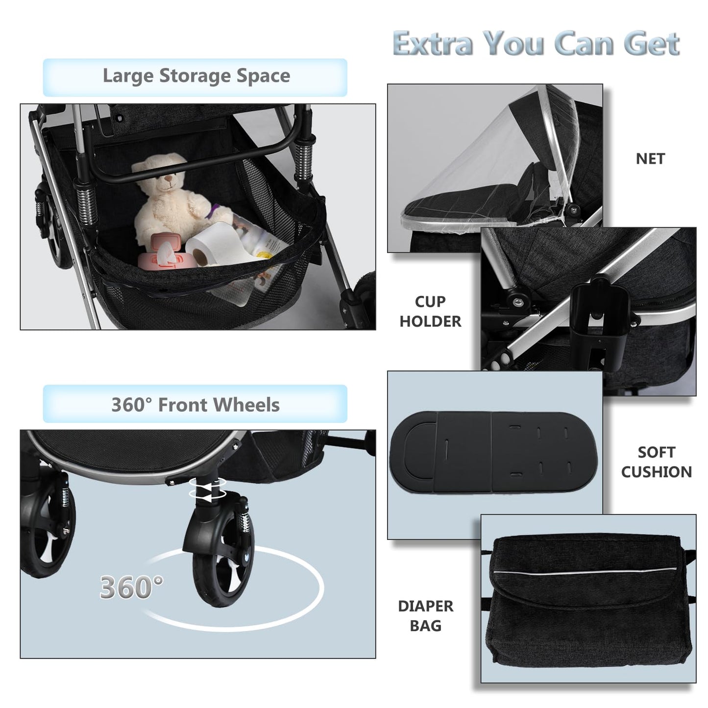 Kinder King 2 in 1 Convertible Baby Stroller, Folding High Landscape Infant Carriage, Newborn Reversible Pram, Adjustable Canopy, Diaper Bag, Pink