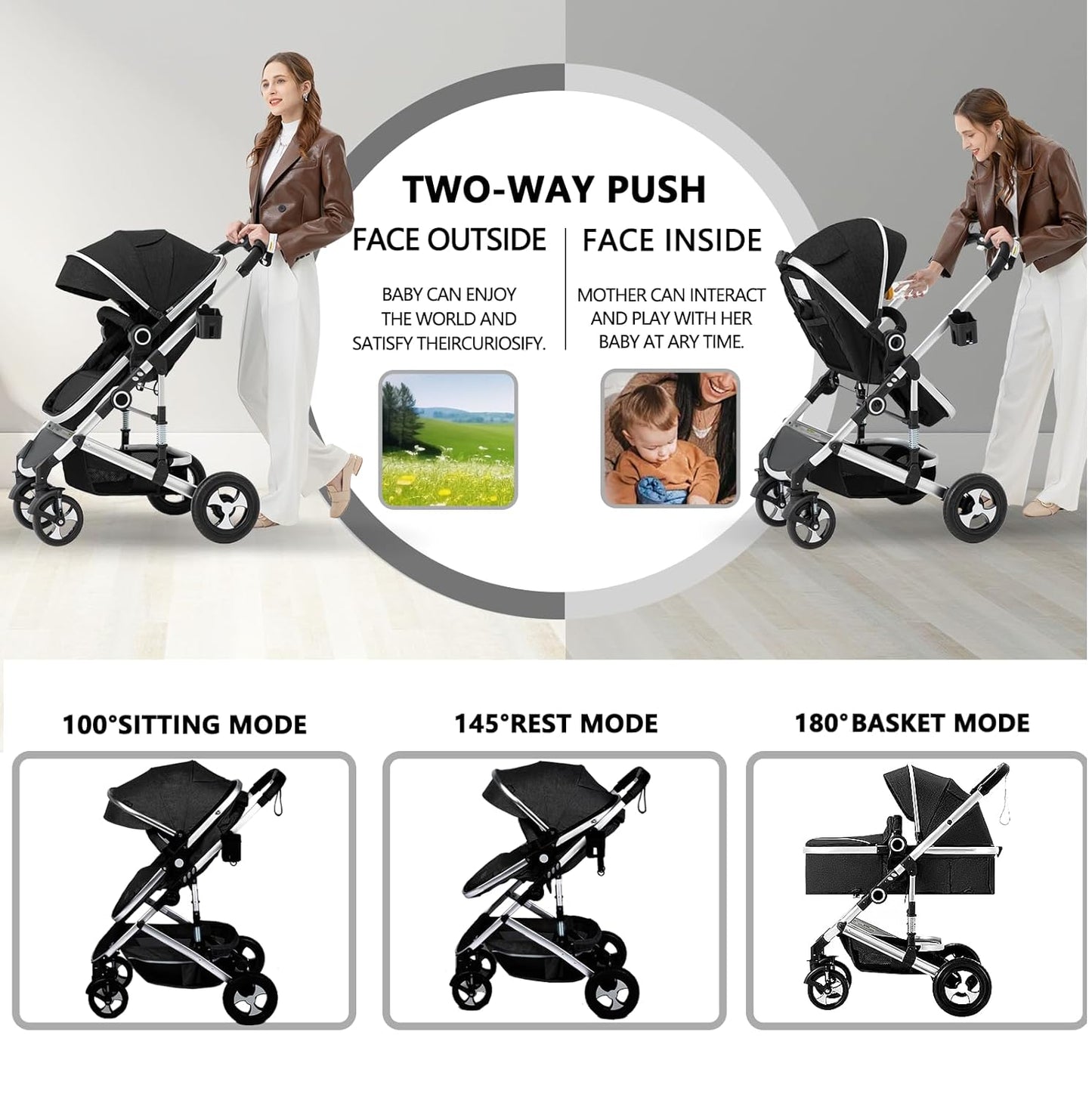Kinder King 2 in 1 Convertible Baby Stroller, Folding High Landscape Infant Carriage, Newborn Reversible Pram, Adjustable Canopy, Diaper Bag, Pink