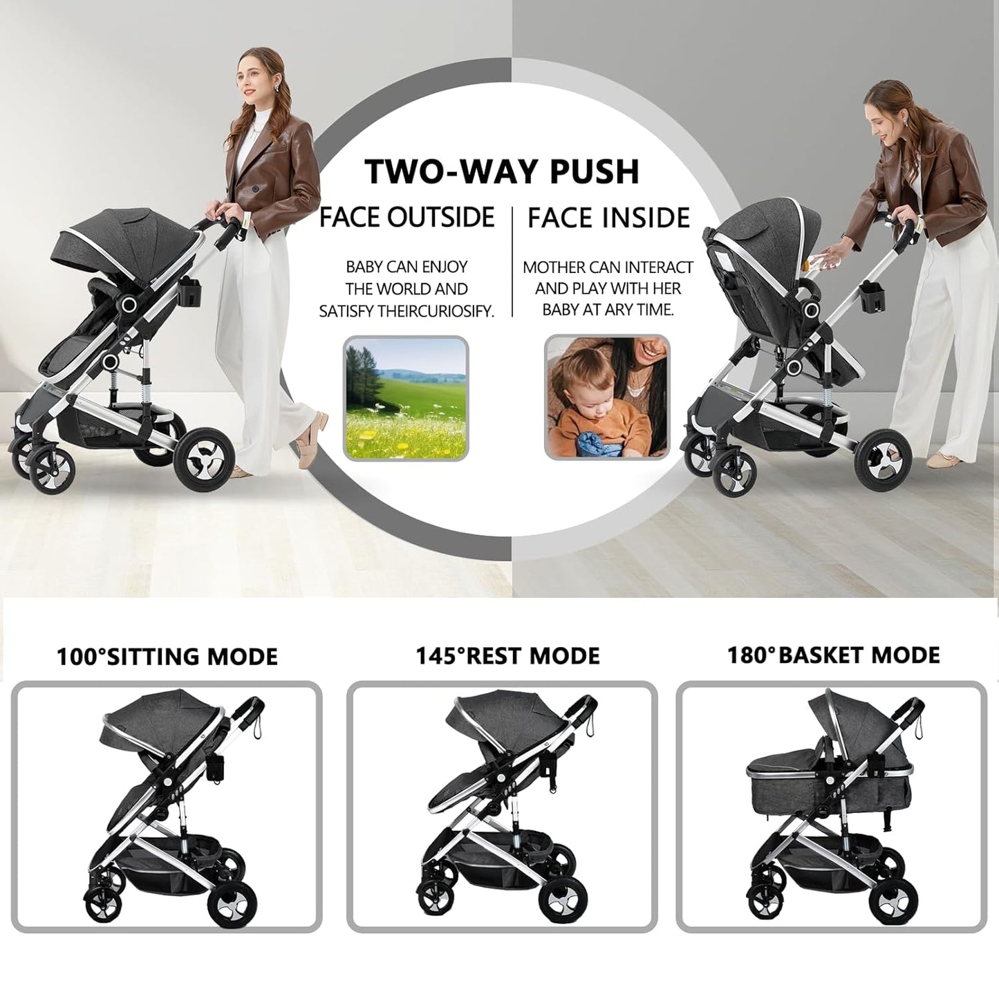 Kinder King 2 in 1 Convertible Baby Stroller, Folding High Landscape Infant Carriage, Newborn Reversible Pram, Adjustable Canopy, Diaper Bag, Pink
