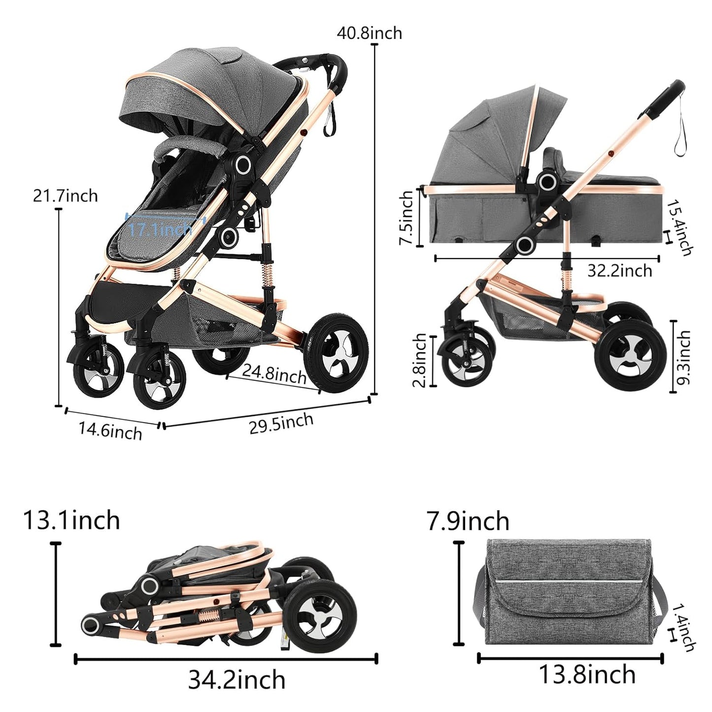 Kinder King 2 in 1 Convertible Baby Stroller, Folding High Landscape Infant Carriage, Newborn Reversible Pram, Adjustable Canopy, Diaper Bag, Pink