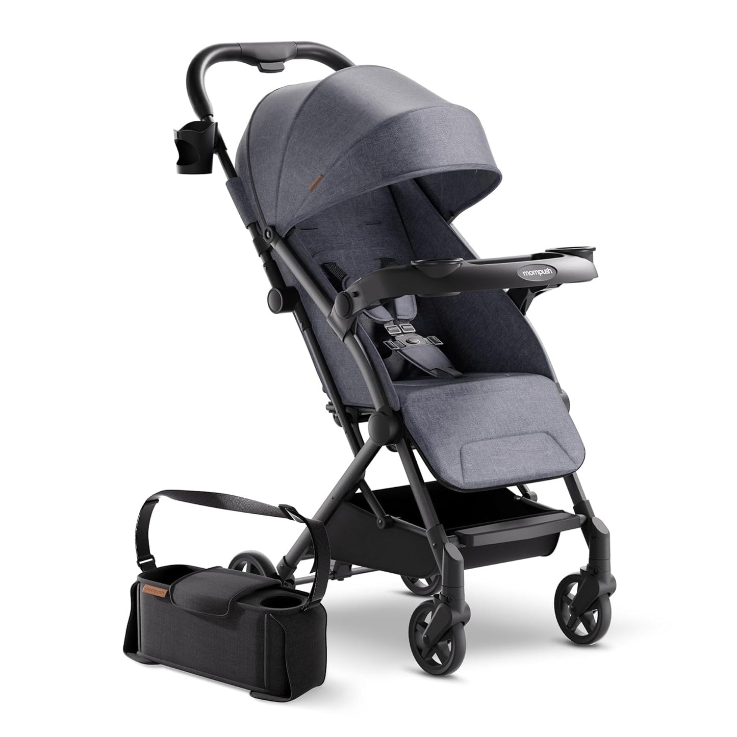 Mompush Lithe V2 Lightweight Travel Stroller, Compact Foldable Baby Stroller with Travel Bag, One-Hand Fold Stroller, Snack Tray, Mechanical Recline Seat, Airplane-Ready, UPF 50+ Canopy & Rain Cover