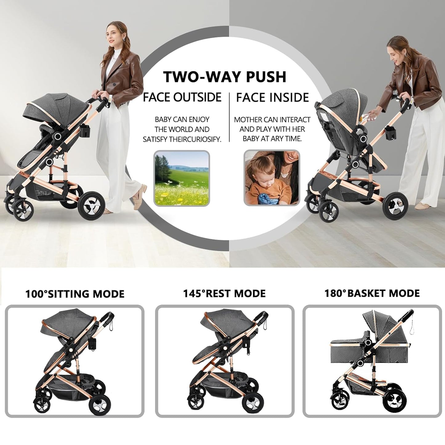 Kinder King 2 in 1 Convertible Baby Stroller, Folding High Landscape Infant Carriage, Newborn Reversible Pram, Adjustable Canopy, Diaper Bag, Pink