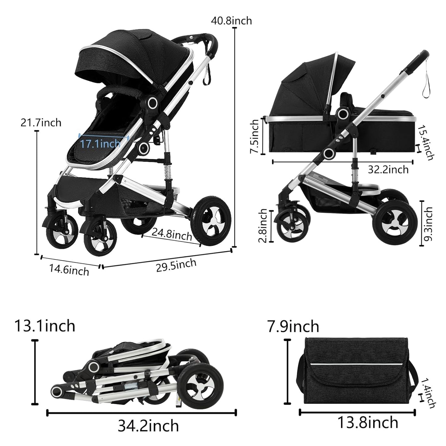 Kinder King 2 in 1 Convertible Baby Stroller, Folding High Landscape Infant Carriage, Newborn Reversible Pram, Adjustable Canopy, Diaper Bag, Pink