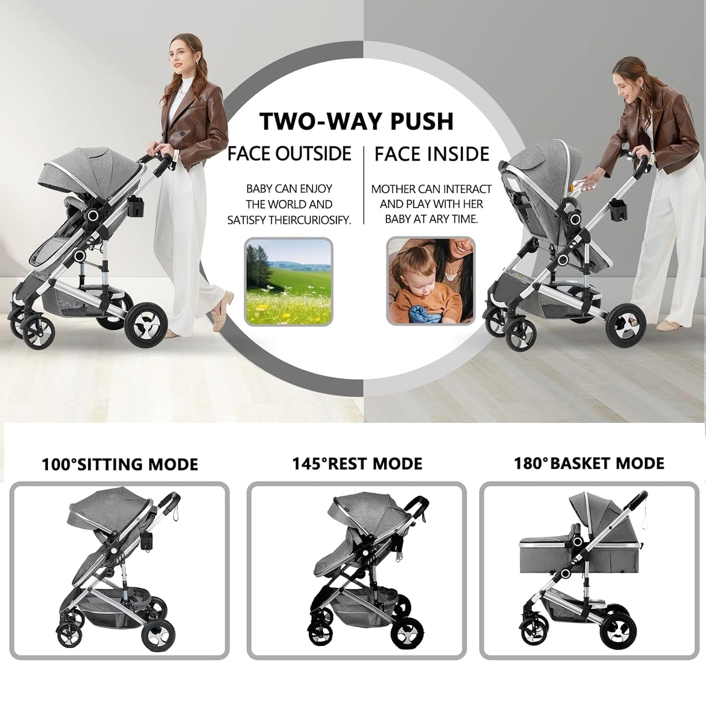 Kinder King 2 in 1 Convertible Baby Stroller, Folding High Landscape Infant Carriage, Newborn Reversible Pram, Adjustable Canopy, Diaper Bag, Pink