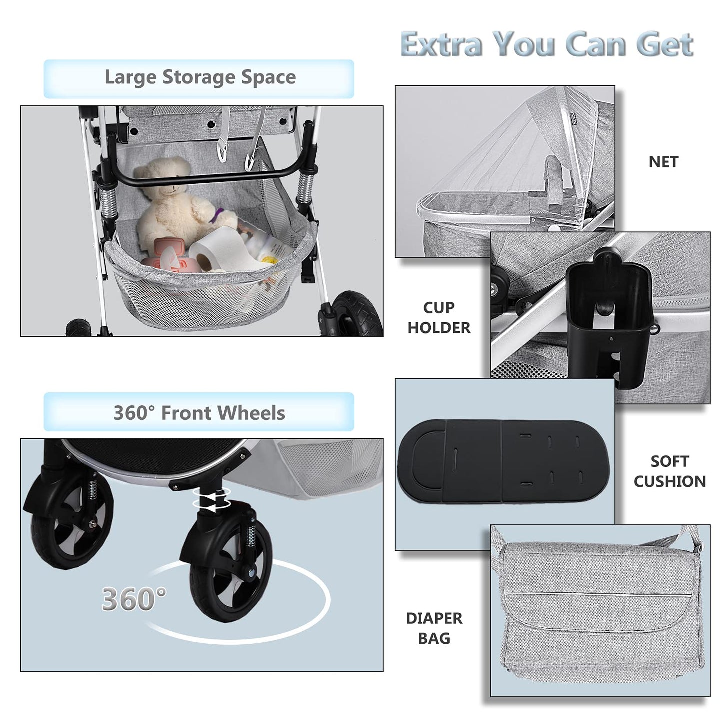 Kinder King 2 in 1 Convertible Baby Stroller, Folding High Landscape Infant Carriage, Newborn Reversible Pram, Adjustable Canopy, Diaper Bag, Pink