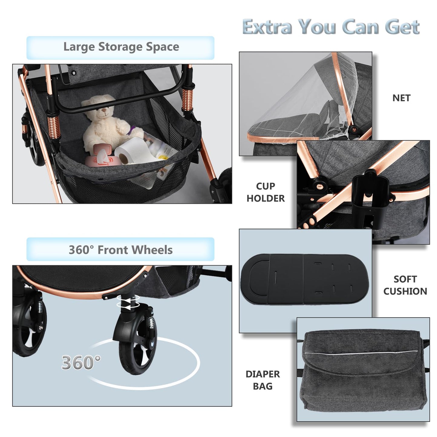 Kinder King 2 in 1 Convertible Baby Stroller, Folding High Landscape Infant Carriage, Newborn Reversible Pram, Adjustable Canopy, Diaper Bag, Pink