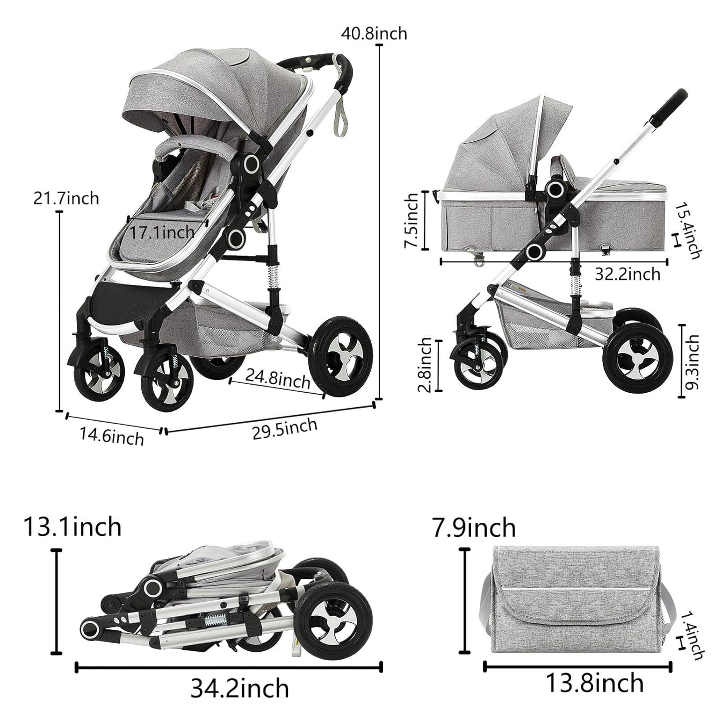 Kinder King 2 in 1 Convertible Baby Stroller, Folding High Landscape Infant Carriage, Newborn Reversible Pram, Adjustable Canopy, Diaper Bag, Pink