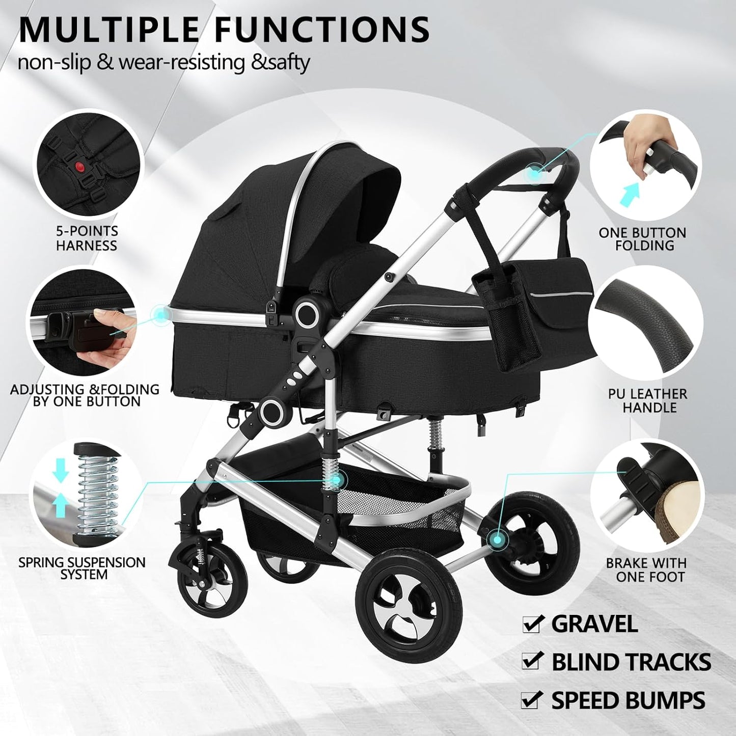 Kinder King 2 in 1 Convertible Baby Stroller, Folding High Landscape Infant Carriage, Newborn Reversible Pram, Adjustable Canopy, Diaper Bag, Pink