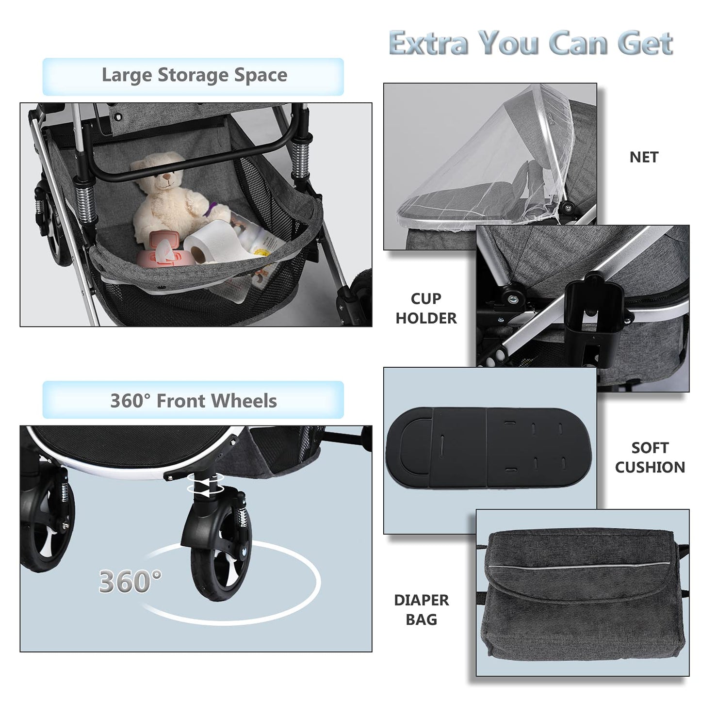 Kinder King 2 in 1 Convertible Baby Stroller, Folding High Landscape Infant Carriage, Newborn Reversible Pram, Adjustable Canopy, Diaper Bag, Pink