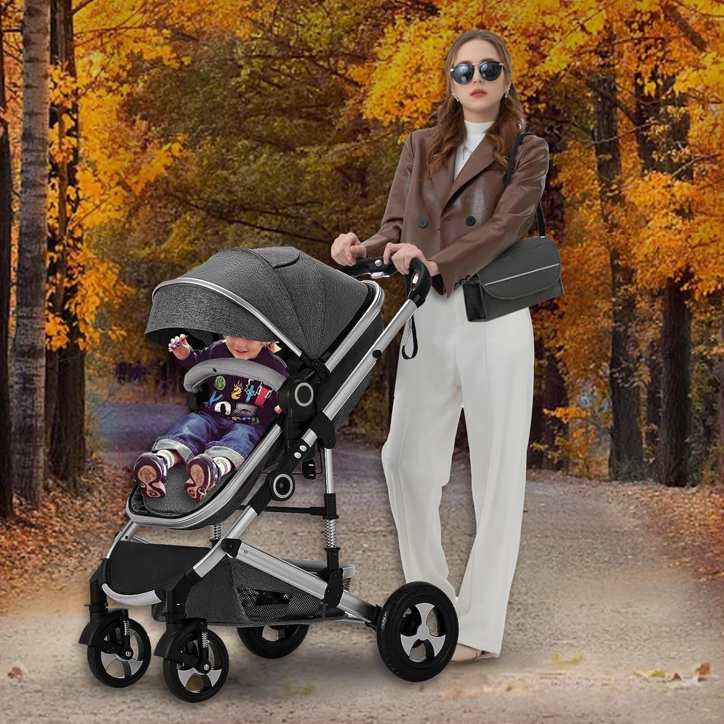 Kinder King 2 in 1 Convertible Baby Stroller, Folding High Landscape Infant Carriage, Newborn Reversible Pram, Adjustable Canopy, Diaper Bag, Pink
