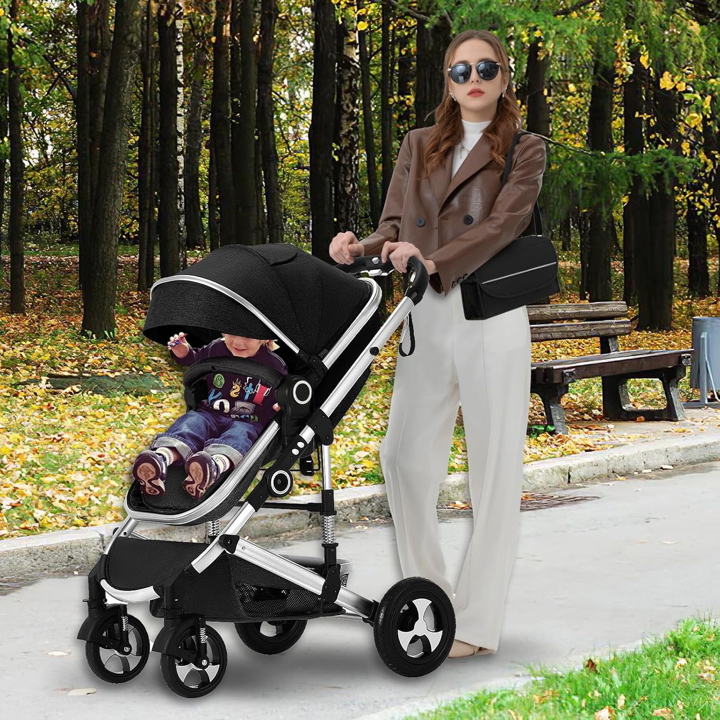 Kinder King 2 in 1 Convertible Baby Stroller, Folding High Landscape Infant Carriage, Newborn Reversible Pram, Adjustable Canopy, Diaper Bag, Pink