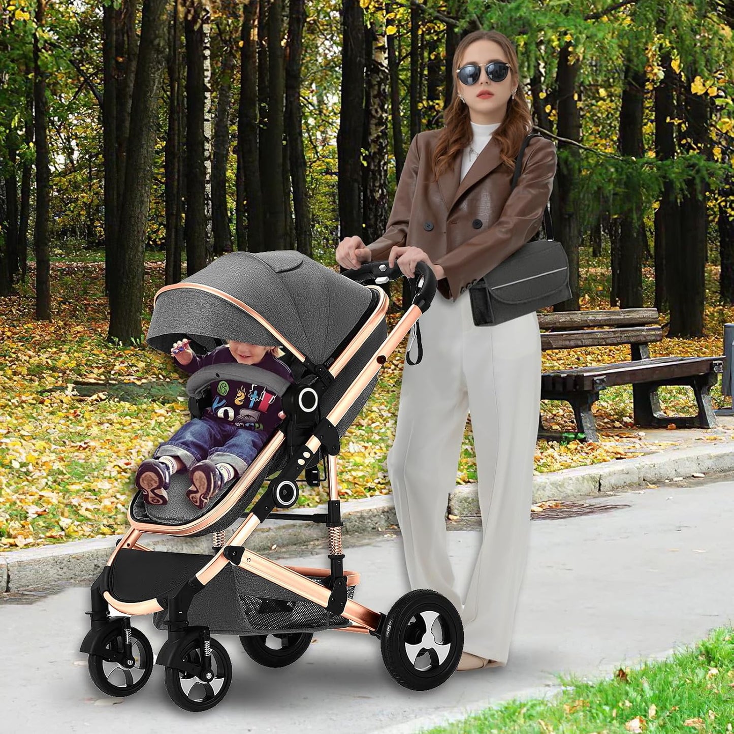 Kinder King 2 in 1 Convertible Baby Stroller, Folding High Landscape Infant Carriage, Newborn Reversible Pram, Adjustable Canopy, Diaper Bag, Pink