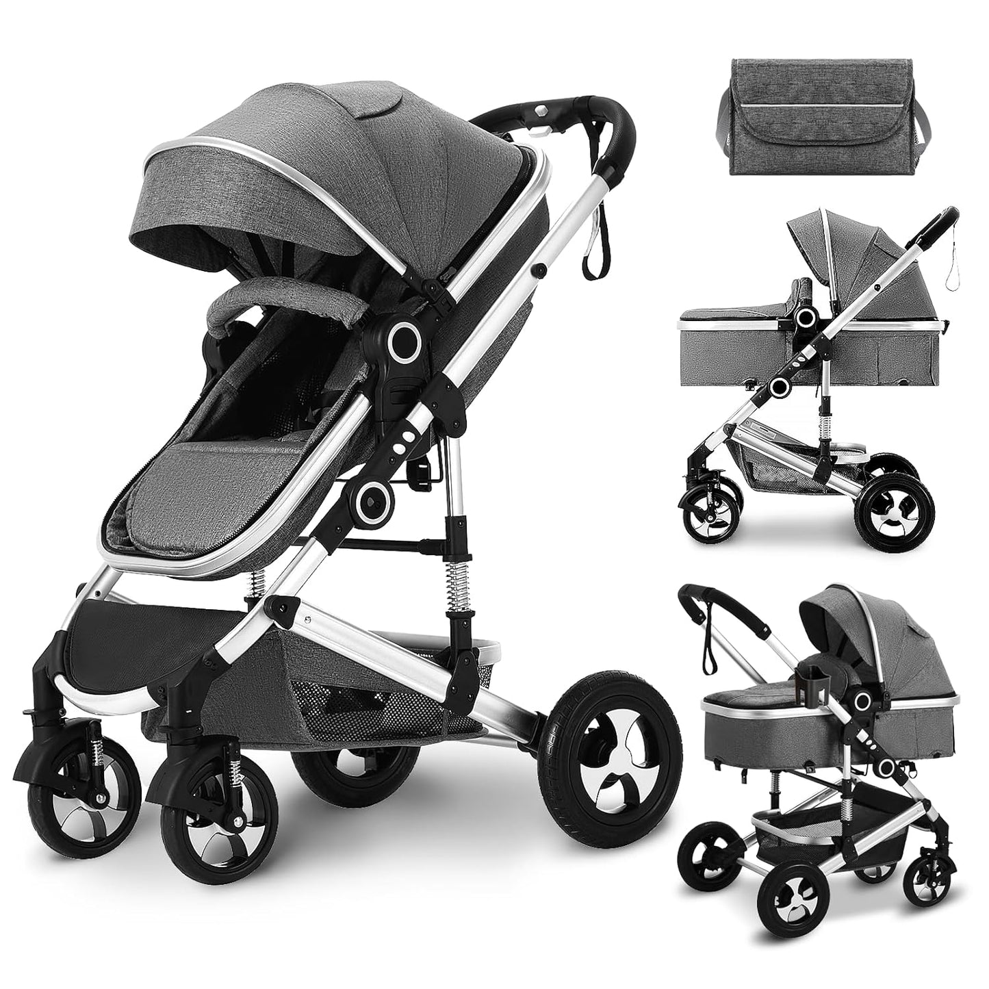 Kinder King 2 in 1 Convertible Baby Stroller, Folding High Landscape Infant Carriage, Newborn Reversible Pram, Adjustable Canopy, Diaper Bag, Pink