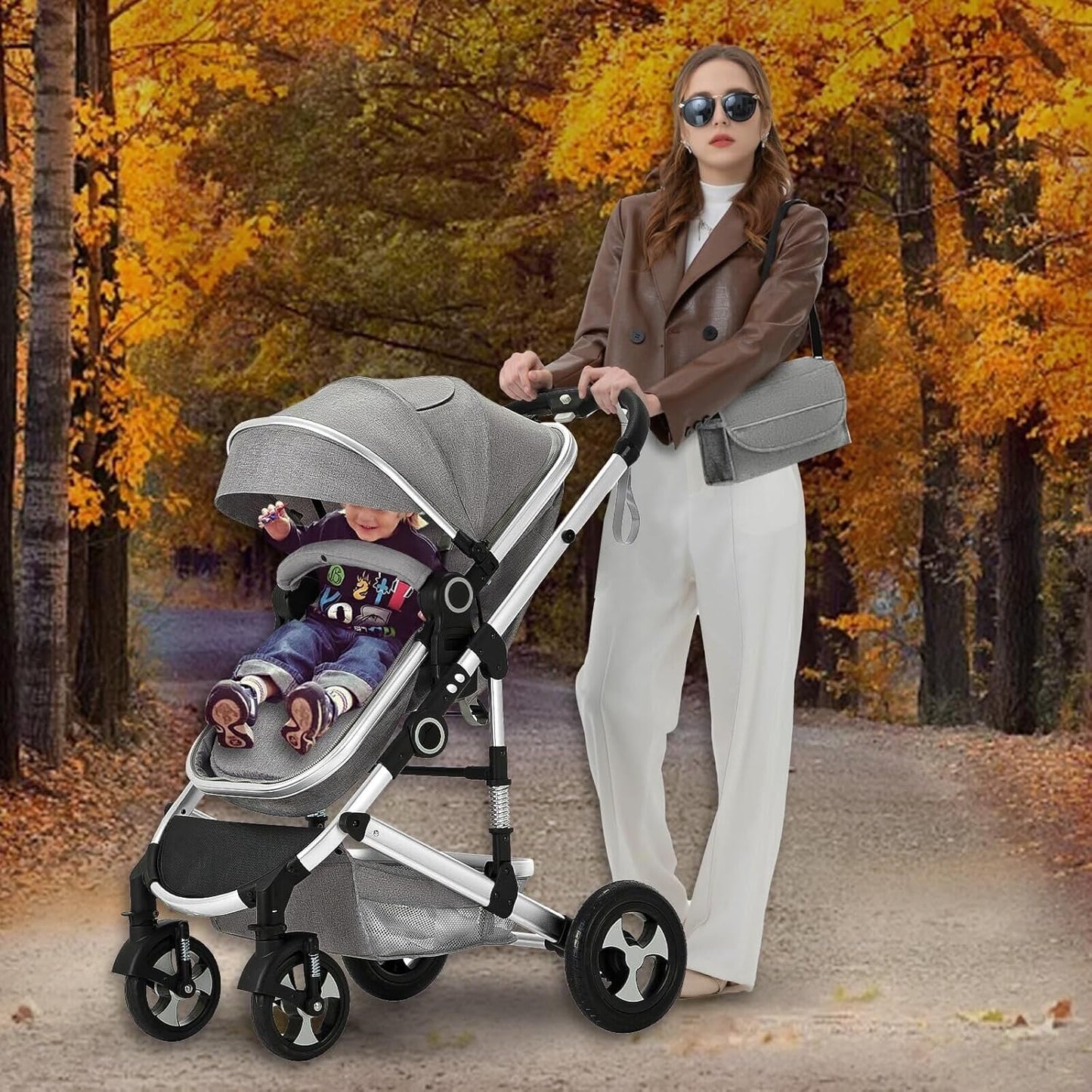 Kinder King 2 in 1 Convertible Baby Stroller, Folding High Landscape Infant Carriage, Newborn Reversible Pram, Adjustable Canopy, Diaper Bag, Pink