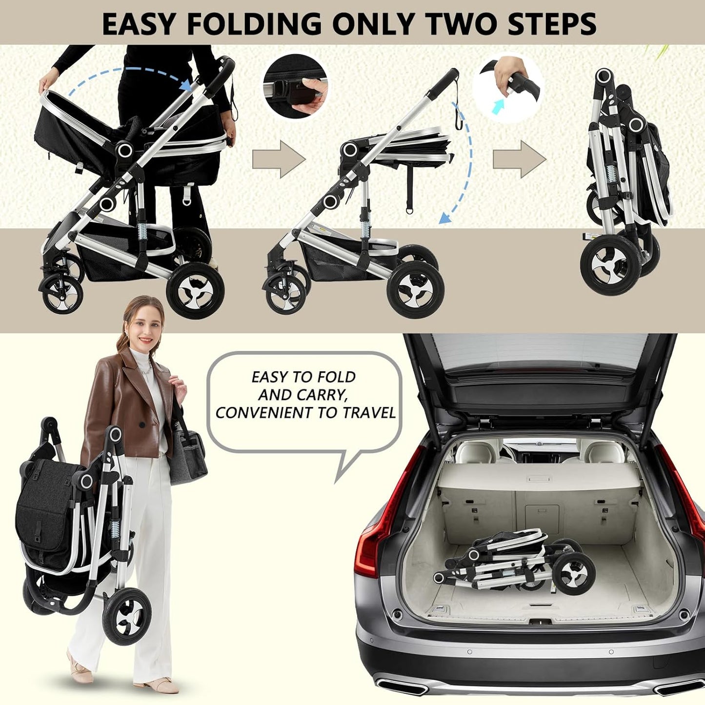 Kinder King 2 in 1 Convertible Baby Stroller, Folding High Landscape Infant Carriage, Newborn Reversible Pram, Adjustable Canopy, Diaper Bag, Pink