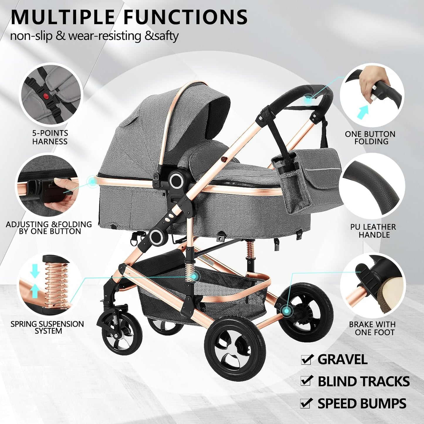 Kinder King 2 in 1 Convertible Baby Stroller, Folding High Landscape Infant Carriage, Newborn Reversible Pram, Adjustable Canopy, Diaper Bag, Pink
