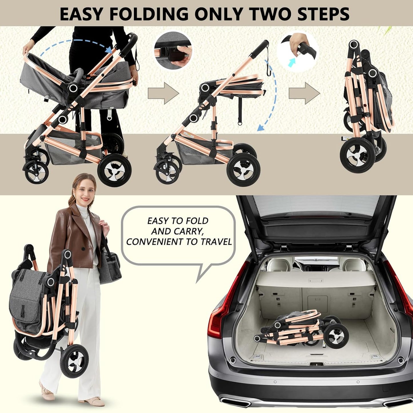 Kinder King 2 in 1 Convertible Baby Stroller, Folding High Landscape Infant Carriage, Newborn Reversible Pram, Adjustable Canopy, Diaper Bag, Pink