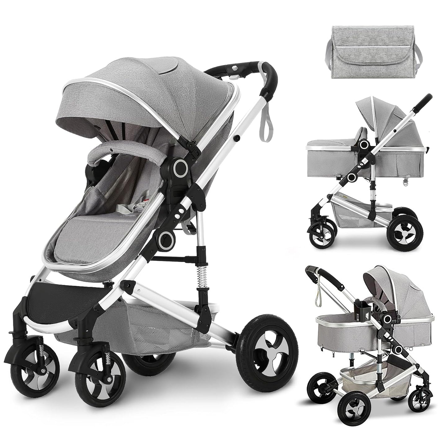 Kinder King 2 in 1 Convertible Baby Stroller, Folding High Landscape Infant Carriage, Newborn Reversible Pram, Adjustable Canopy, Diaper Bag, Pink