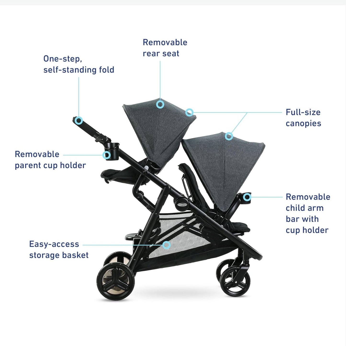 Graco Ready2Grow LX 2.0 Double Stroller Features Bench Seat and Standing Platform Options, Clark