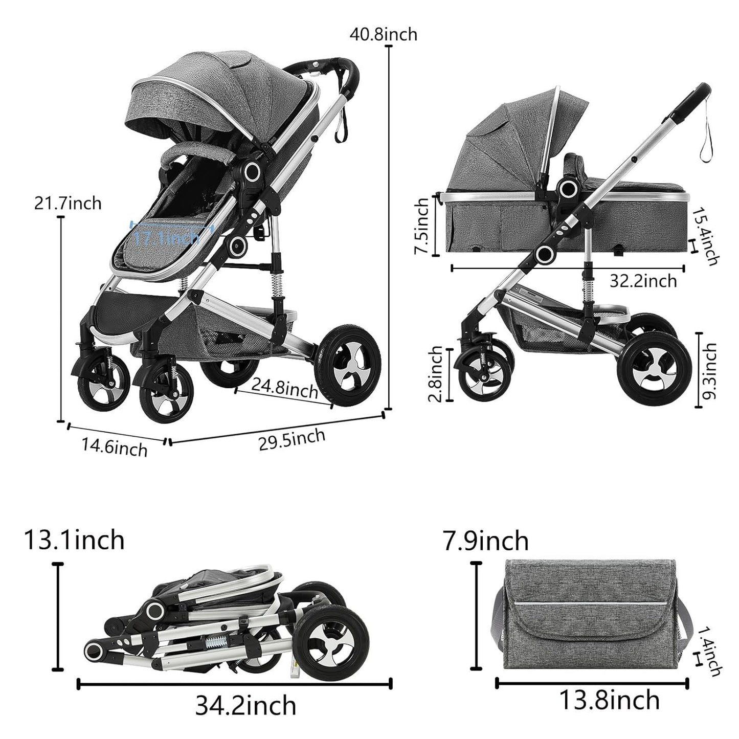 Kinder King 2 in 1 Convertible Baby Stroller, Folding High Landscape Infant Carriage, Newborn Reversible Pram, Adjustable Canopy, Diaper Bag, Pink
