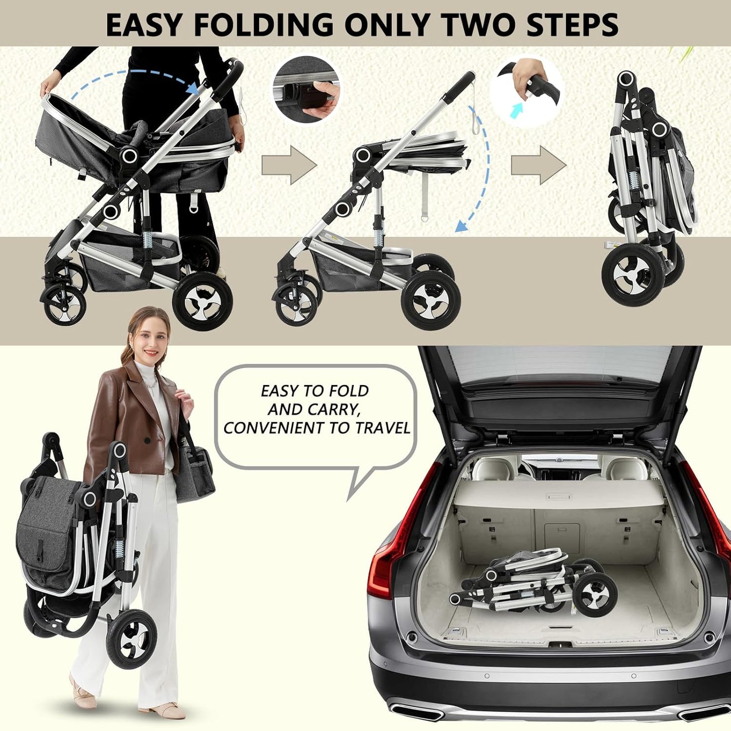 Kinder King 2 in 1 Convertible Baby Stroller, Folding High Landscape Infant Carriage, Newborn Reversible Pram, Adjustable Canopy, Diaper Bag, Pink