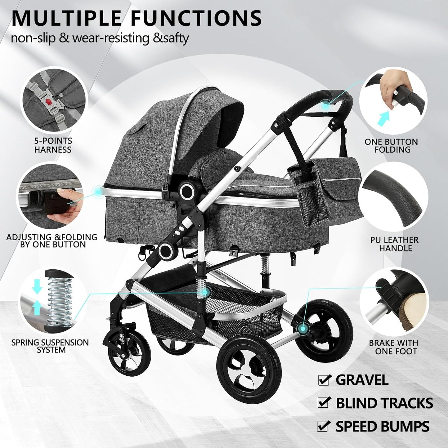 Kinder King 2 in 1 Convertible Baby Stroller, Folding High Landscape Infant Carriage, Newborn Reversible Pram, Adjustable Canopy, Diaper Bag, Pink