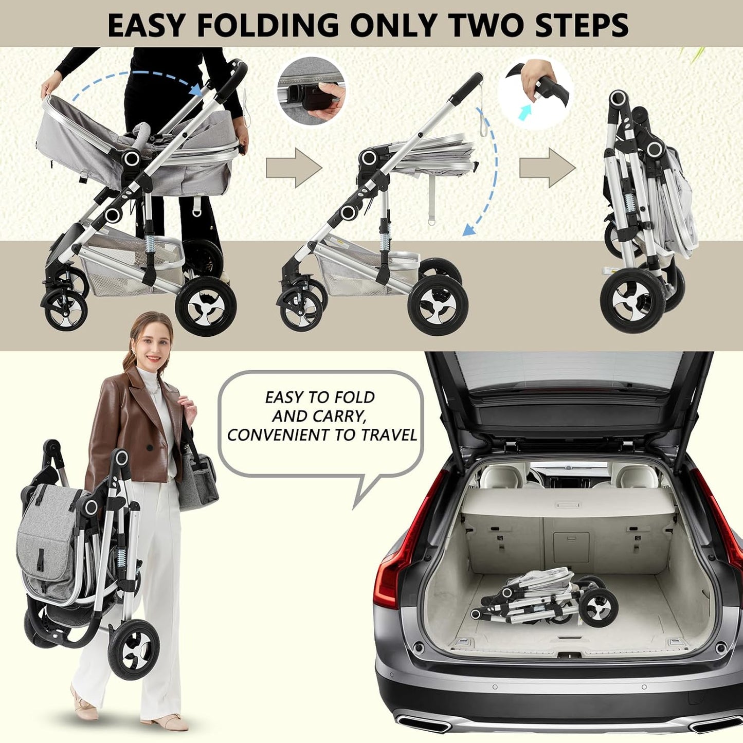 Kinder King 2 in 1 Convertible Baby Stroller, Folding High Landscape Infant Carriage, Newborn Reversible Pram, Adjustable Canopy, Diaper Bag, Pink