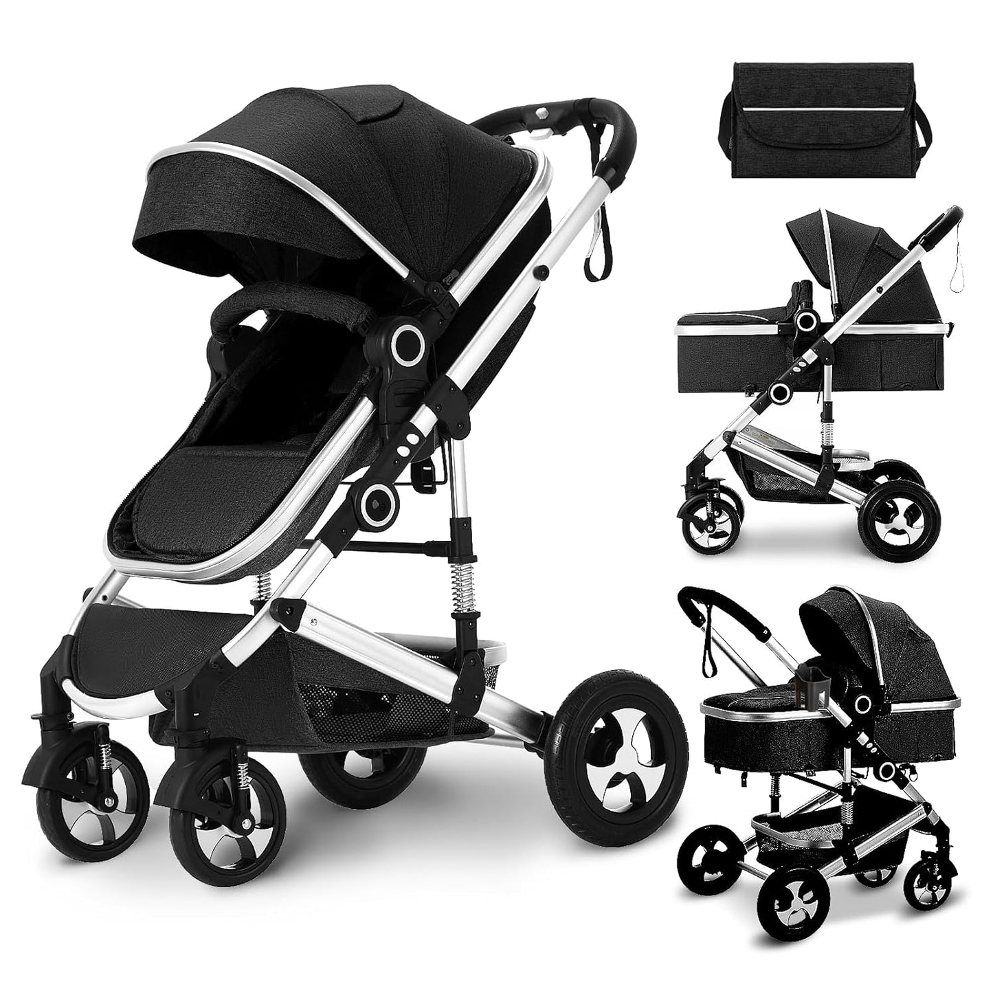 Kinder King 2 in 1 Convertible Baby Stroller, Folding High Landscape Infant Carriage, Newborn Reversible Pram, Adjustable Canopy, Diaper Bag, Pink