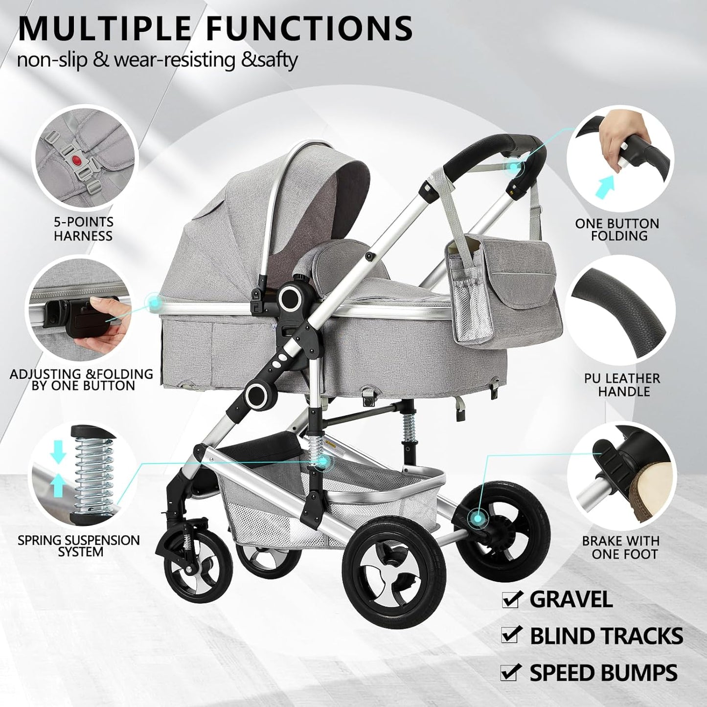 Kinder King 2 in 1 Convertible Baby Stroller, Folding High Landscape Infant Carriage, Newborn Reversible Pram, Adjustable Canopy, Diaper Bag, Pink