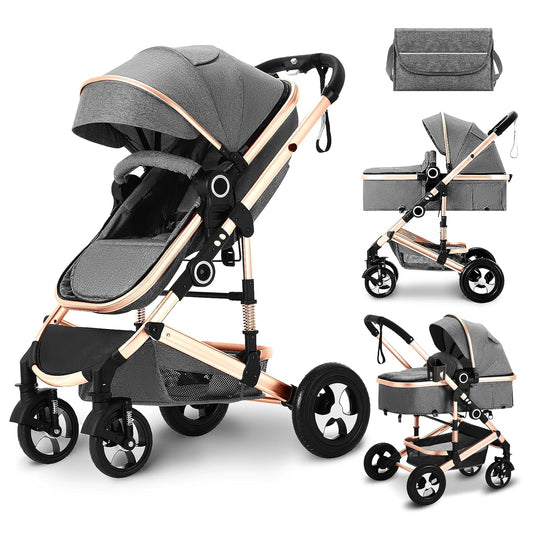 Kinder King 2 in 1 Convertible Baby Stroller, Folding High Landscape Infant Carriage, Newborn Reversible Pram, Adjustable Canopy, Diaper Bag, Pink